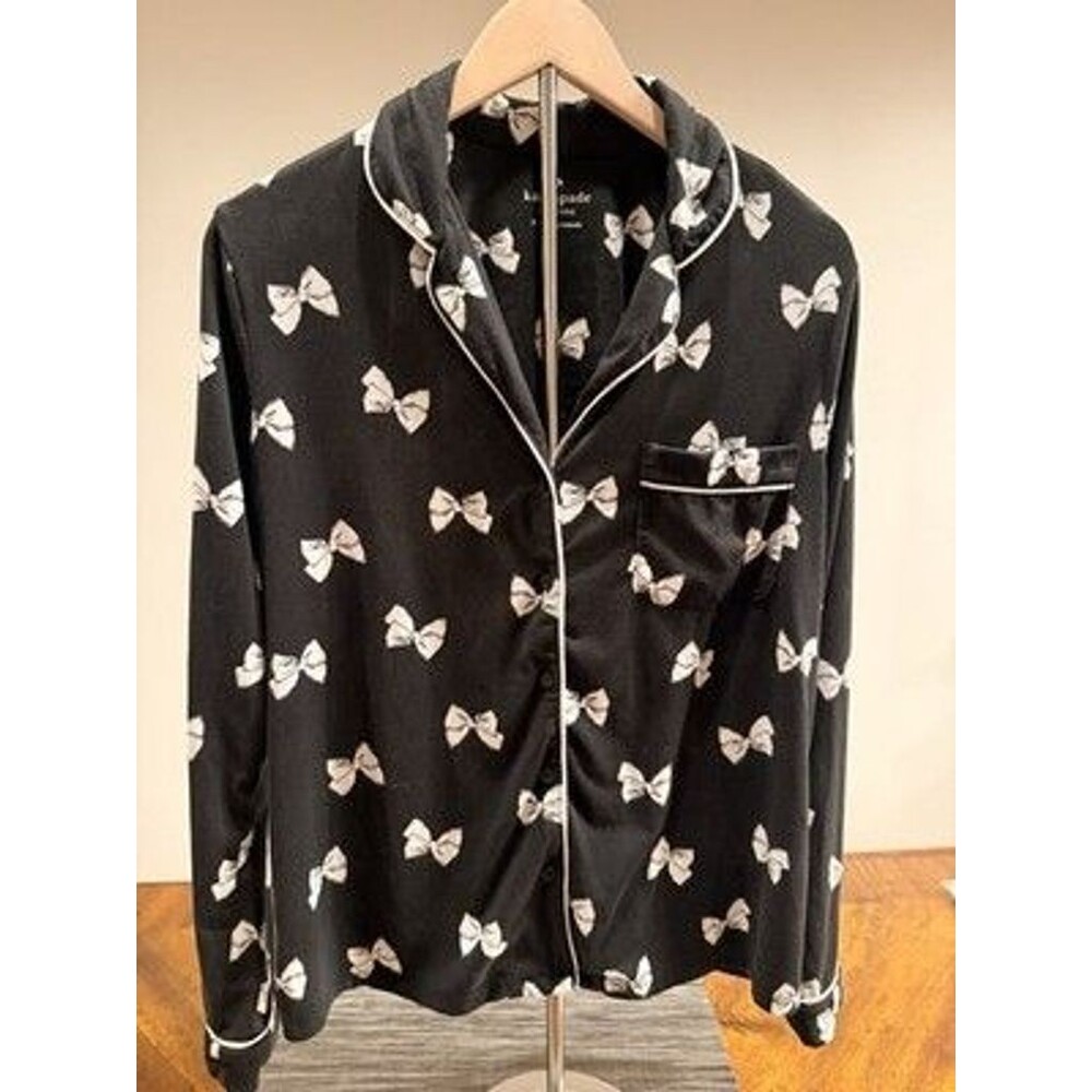 Kate Spade New York Pajama Top Womens S Black White Bow Print Button Up PJ